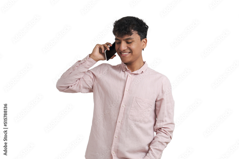 Young peruvian man smiling and speaking on the smartphone. Isolated over white background. Young peruvian man smiling and speaking on the smartphone. Isolated over white background.