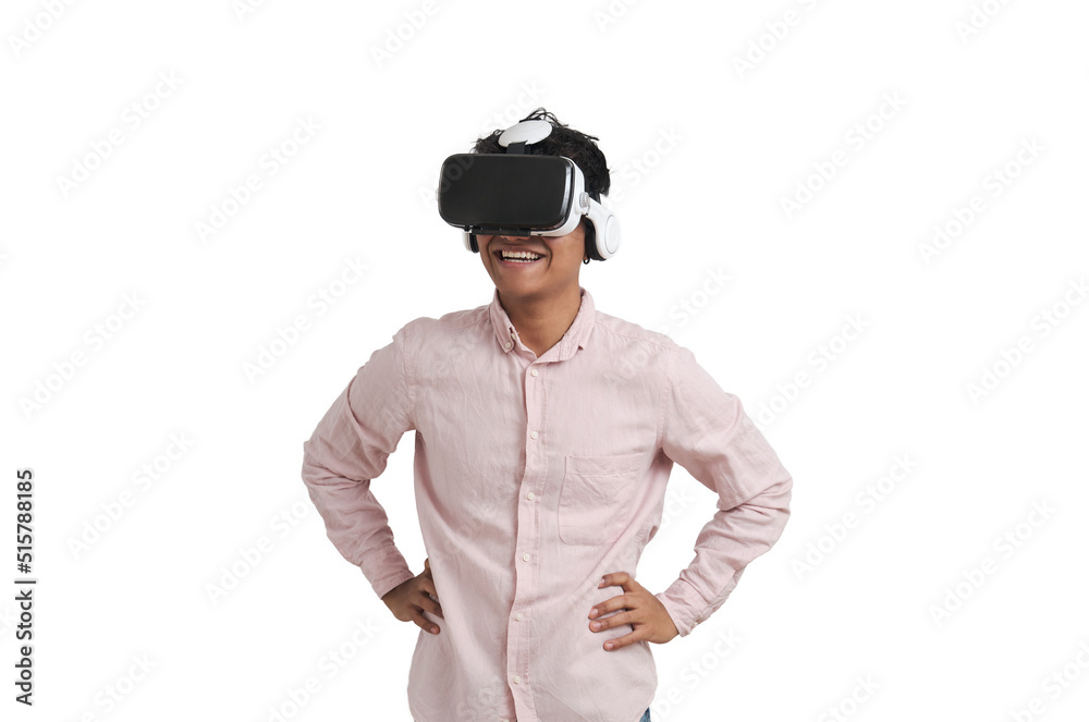 Young peruvian man laughing wearing virtual reality headset. Isolated over white background.