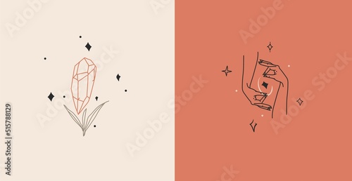 Hand drawn vector abstract stock flat graphic illustrations collection set with logo elements,bohemian magic art sign of crystal gem stone in human hand and stars in simple style for branding.