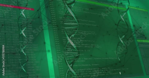 Animation of dna rotating over data, lines and shapes on green background photo