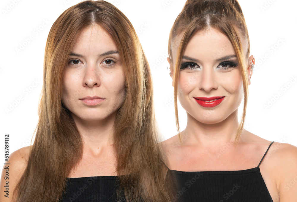 portrait of a young woman wihout and with styling on a white background