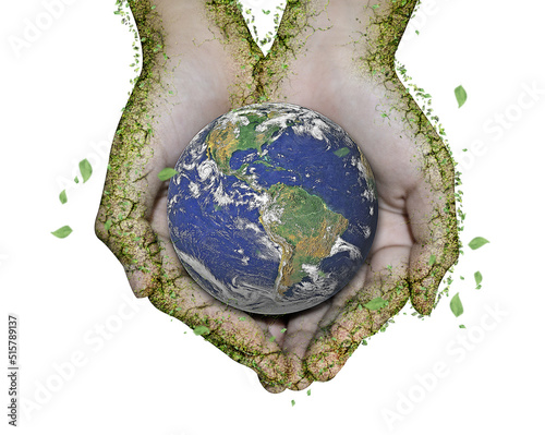 Earth planet in female hand with green leaves for Save the world Concept