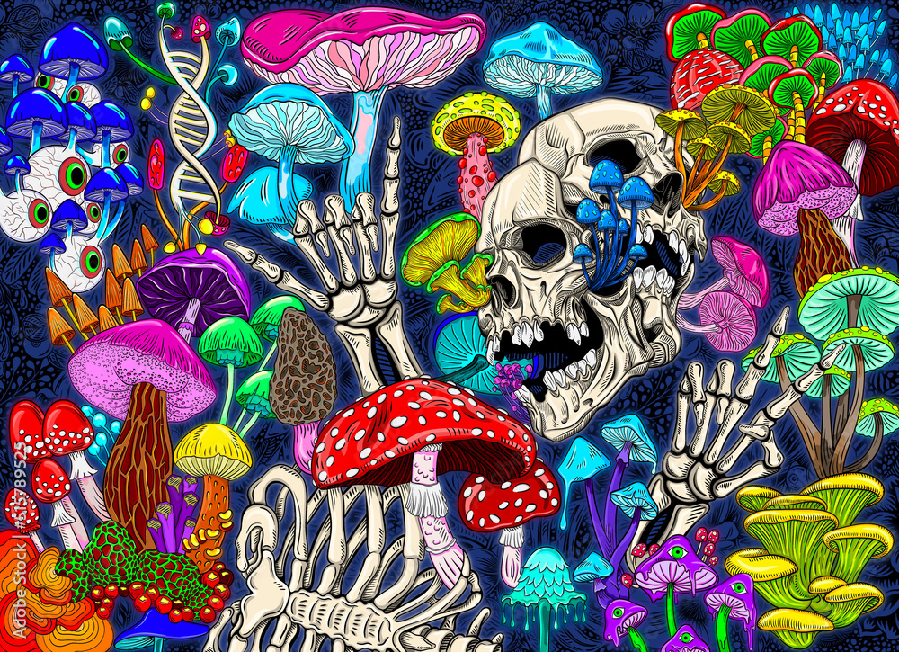 Abstract colorful background with bright magical psychedelic mushrooms