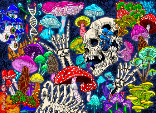 Abstract colorful background with bright magical psychedelic mushrooms and skulls. Hand-drawn print. Hippie magic mushrooms illustration print. Texture background for creativity and advertising photo