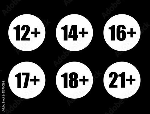 Adults content only age restriction 12, 14, 16, 17, 18, 21 plus years old icon signs set  vector illustration