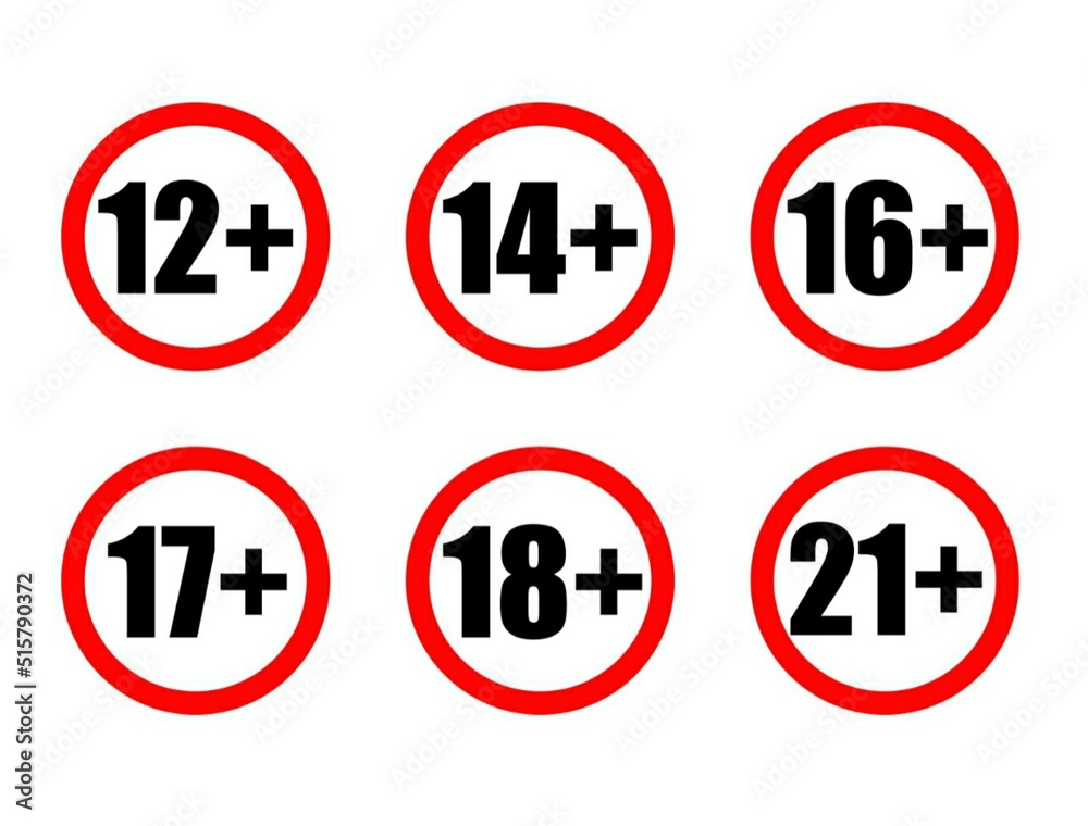 Adults content only age restriction 12, 14, 16, 17, 18, 21 plus years old icon signs set vector illustration Adults content only age restriction 12, 14, 16, 17, 18, 21 plus years old icon signs set vector illustration