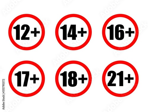 Adults content only age restriction 12, 14, 16, 17, 18, 21 plus years old icon signs set  vector illustration