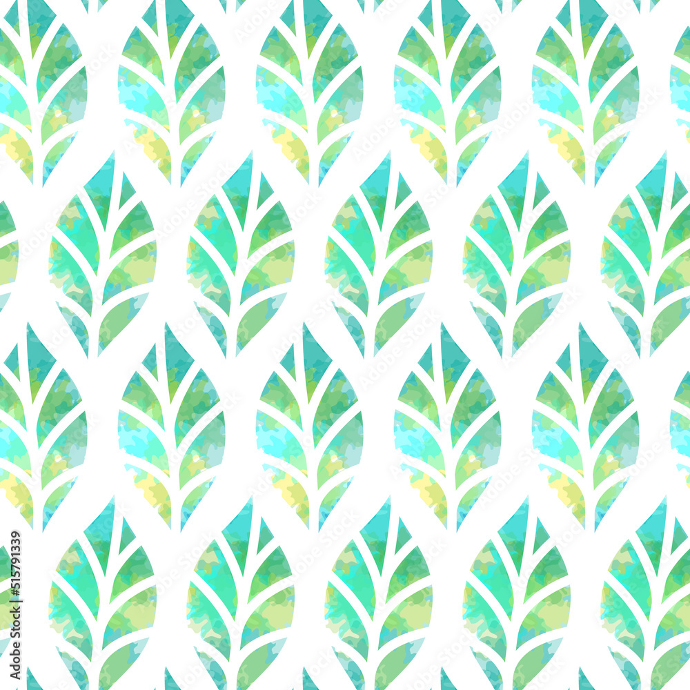 Vector floral seamless pattern. Yellow and green spring leaves on white background. Watercolor texture imitation