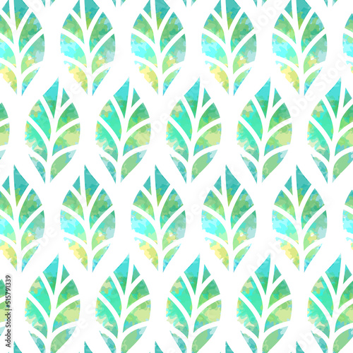 Vector floral seamless pattern. Yellow and green spring leaves on white background. Watercolor texture imitation