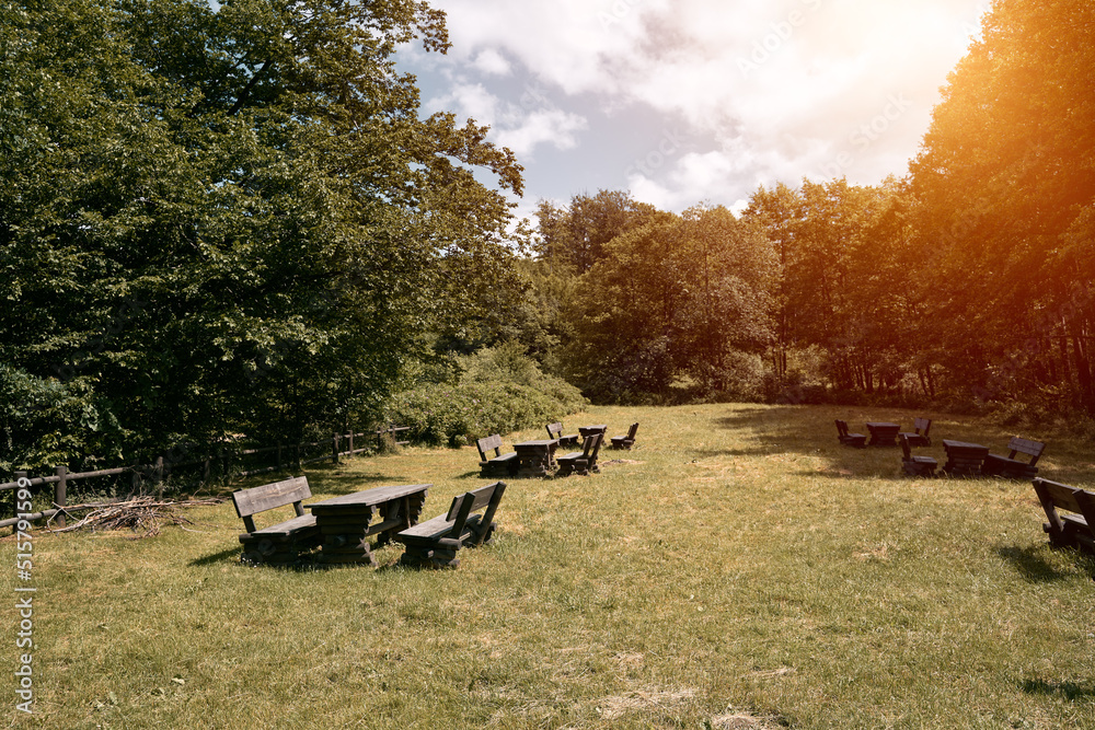 Concept of tranquil weekend in the rural area. Recreational activities with no people.