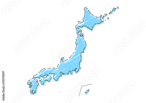 ラフな手描きの日本列島　黒主線　水色