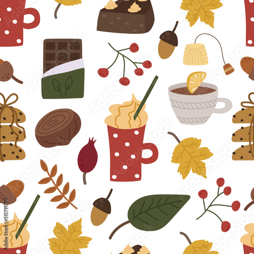 Seamless cozy autumn pattern with cream cake, coffee, latte, chocolate, cookies, chestnuts, berries and leaves. Vector illustration for warm fall, printing on clothes, packaging, fabric, paper.
