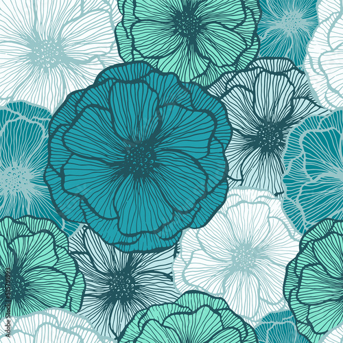 Poppy flower doodle floral vector seamless pattern summer fabric print design. Line texture petals © SunwArt