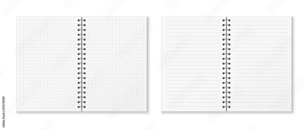 Mockup blank lined and cell notebook  isolated on white background. Spiral copybook or organizer. - obrazy, fototapety, plakaty 