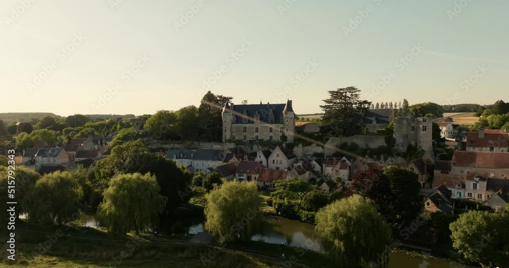 Aerial view of the castle of Montrésor during sunset in France. Aerial view of the castle of Montrésor during sunset in France.