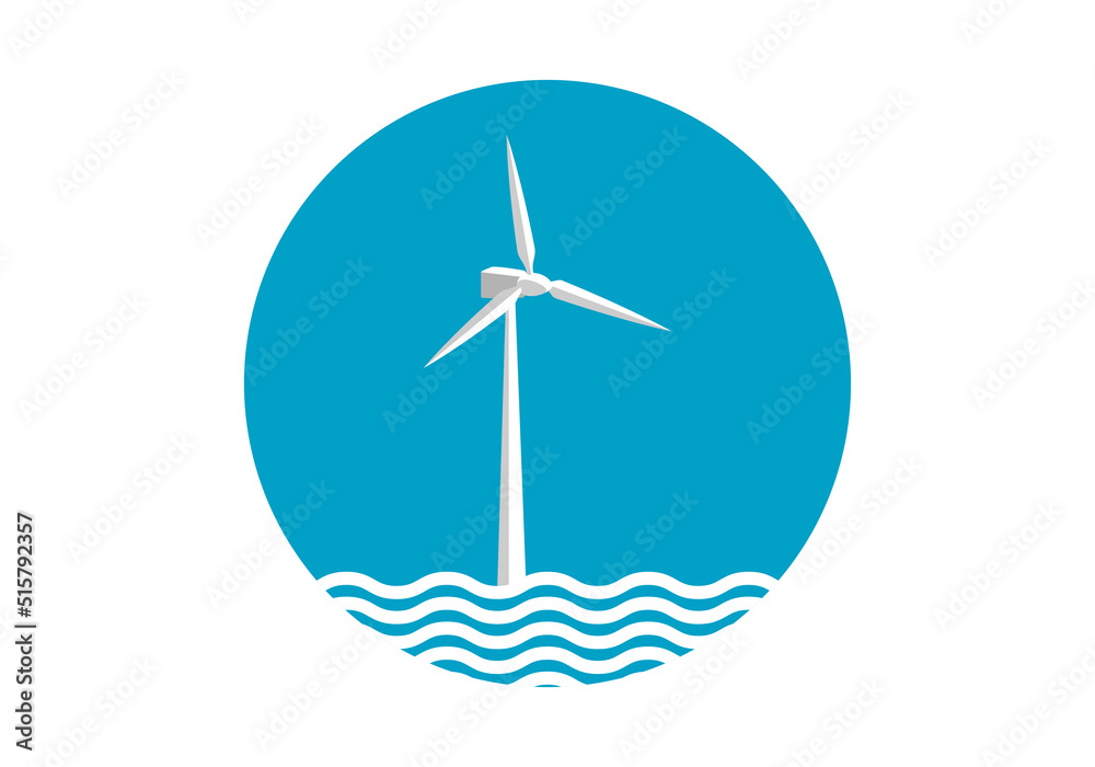 Icono o símbolo de un aerogenerador eólico marítimo en azul y blanco Icono o símbolo de un aerogenerador eólico marítimo en azul y blanco
