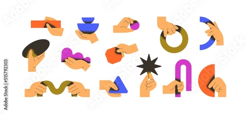 Hands holding abstract geometric shapes set. Arms with creative minimal figures, geometry elements, circles, triangles, curves, stars. Colored flat vector illustrations isolated on white background