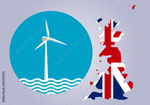 Icono o símbolo de un aerogenerador eólico marítimo en azul y blanco con el mapa de Gales, Escocia e Inglaterra