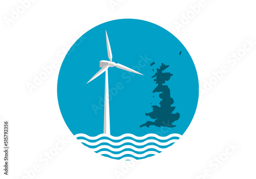 Icono o símbolo de un aerogenerador eólico marítimo en azul y blanco con el mapa de Gales, Escocia e Inglaterra