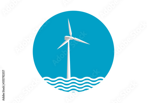 Icono o símbolo de un aerogenerador eólico marítimo en azul y blanco