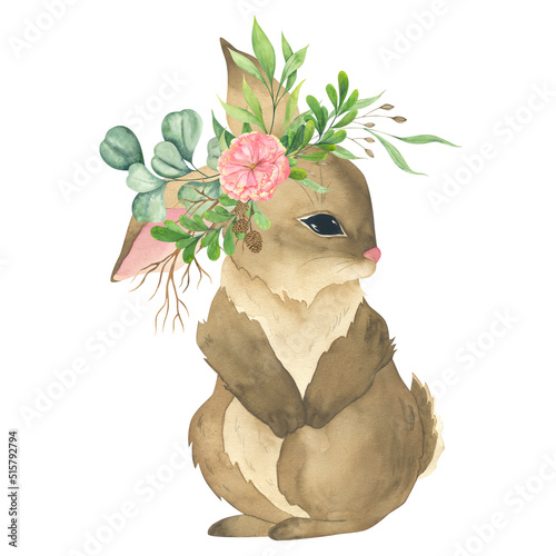 Cute bunny with a wreath on his head. A symbol of the new year, a symbol of Easter. Vegetable wreath of herbs, cones and flowers.
