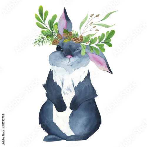 Cute bunny with a wreath on his head. A symbol of the new year, a symbol of Easter. Vegetable wreath of herbs and cones.