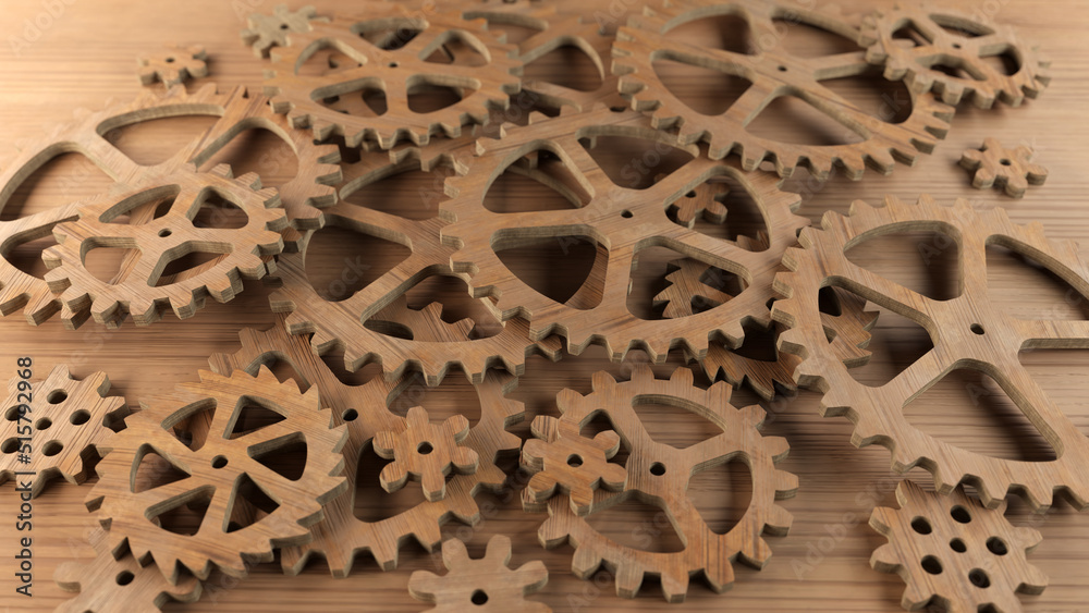 Fototapeta premium Wooden gears. 3D render.