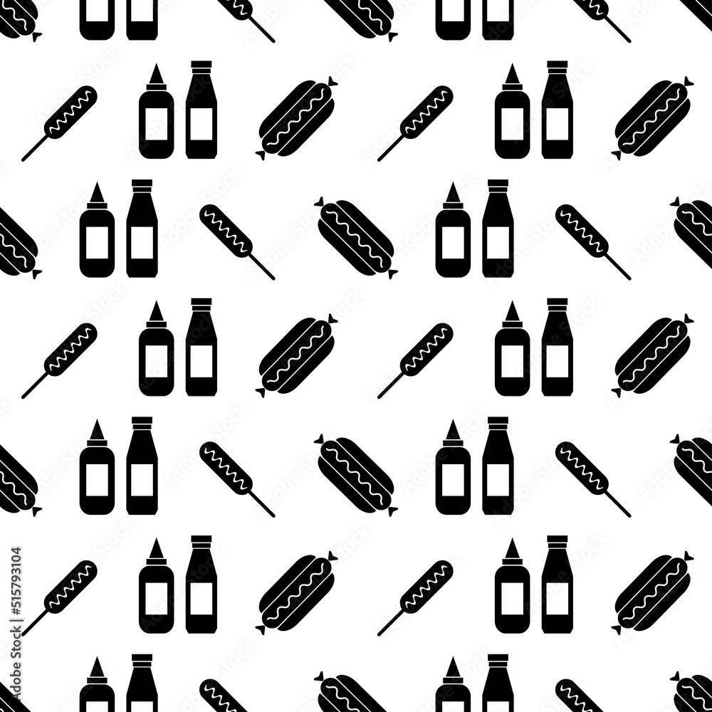 Hot dog seamless pattern. Fast food background with hot dog sausage. Icon street food on white background. Hot dog silhouette. Design for print on fabric, wrapping paper, packing. Vector illustration