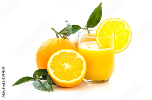 Oranges with fresh juice with leaves and stem on white background