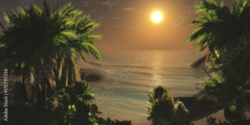 Seashore with palm trees at sunset  the light of the sun through the clouds over the water  stones in the sea at sunrise  3d rendering