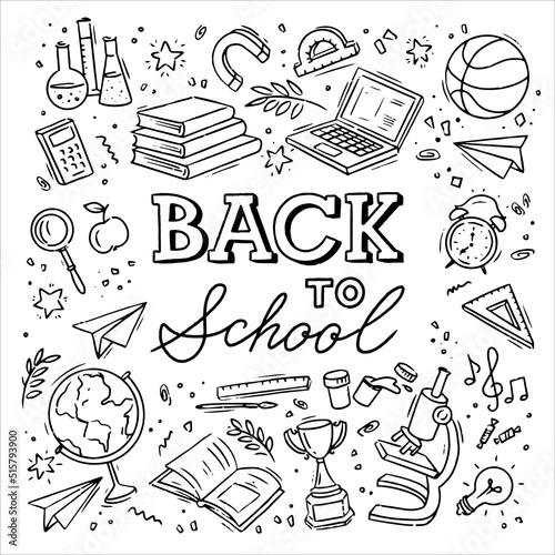 Square Background with hand drawn school supplies and text Back to School lettering. Vector illustration