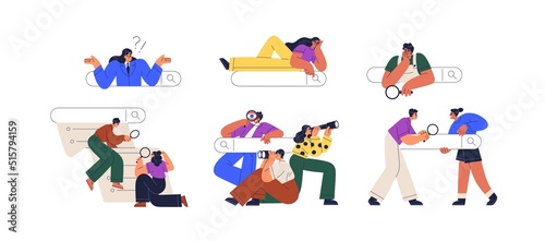 Search bars and people browsing online information, surfing internet. Characters look for and find query in web browser set. SEO concept. Flat graphic vector illustration isolated on white background photo