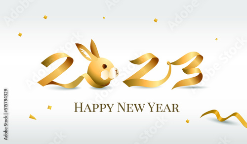 Happy New Year. Golden 3D numbers with ribbons. Chinese New Year, Lunar, 2023 , Year of the Rabbit.
