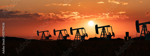 Silhouette of oil pumps. Landscape like Texas with glowing sky during sunset and some clouds. Oil and gas industry, drilling and oil production. concept. 3D illustration