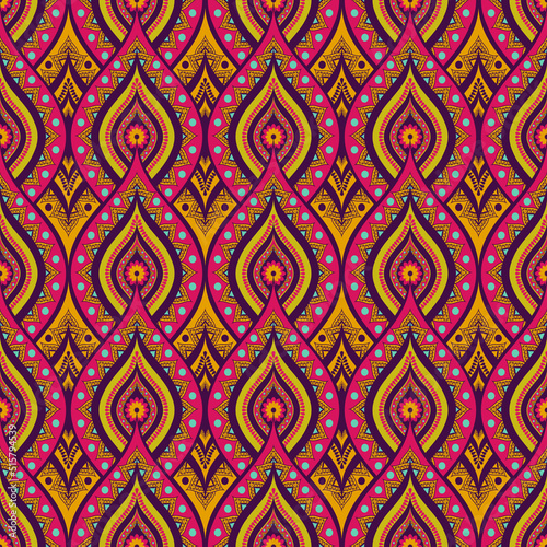 Vector ethnic colorful Indian flower style seamless pattern background. Use for fabric, textile, interior decoration elements, upholstery, wrapping.