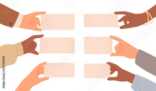 Hands holding empty blank speech bubbles set. Anonymous people sharing comments, opinions, showing online messages, feedback, notifications. Flat vector illustrations isolated on white background