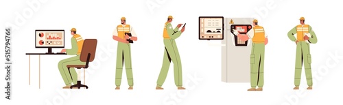 Smart industry workers set. Factory supervisors with equipment, machines, computers, tablets for supervision and manufacturing control. Flat graphic vector illustration isolated on white background
