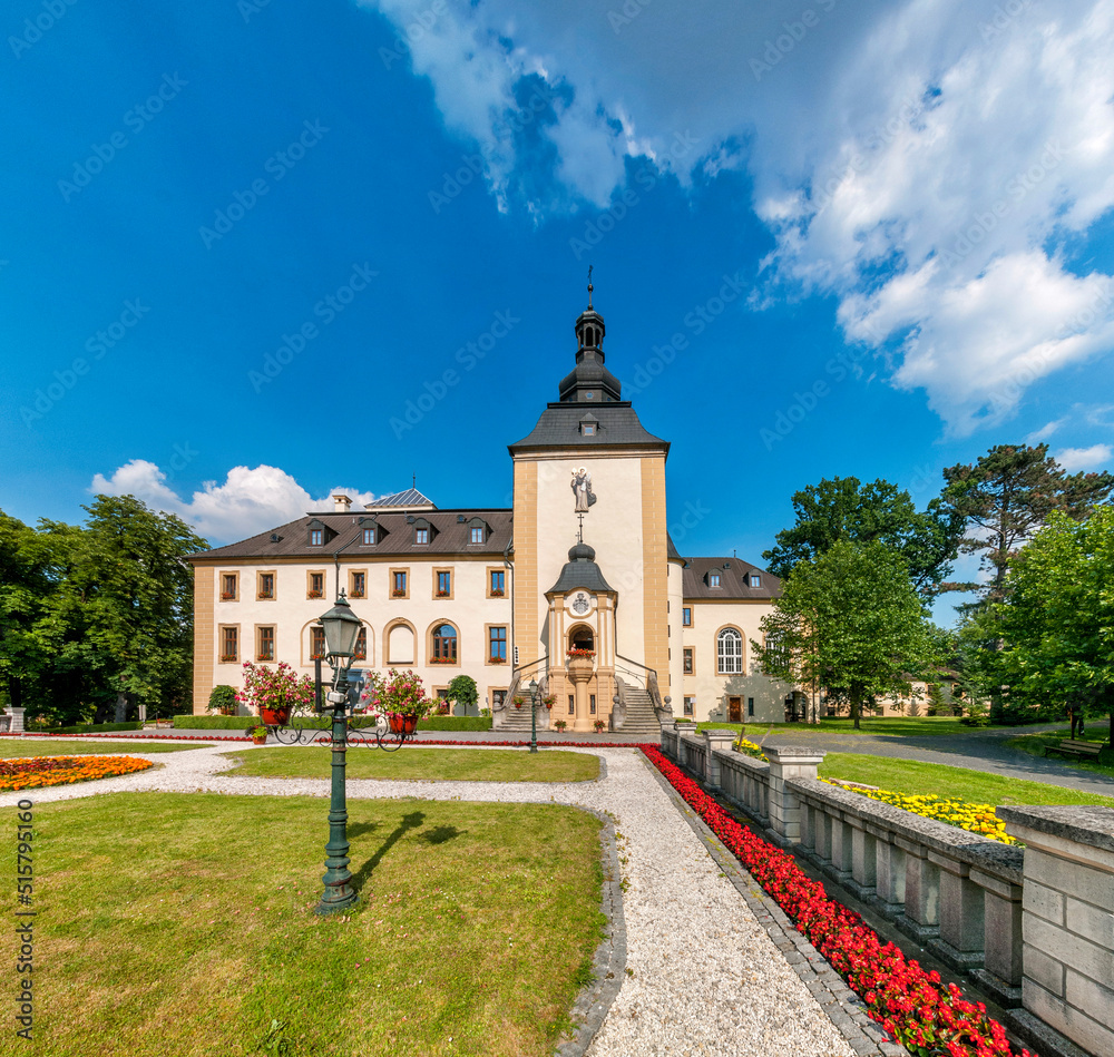 A late-baroque palace from the 17th/18th centuries with the sanctuary of Saint Jack. Kamień Śląski, Opole Voivodeship, Poland.
