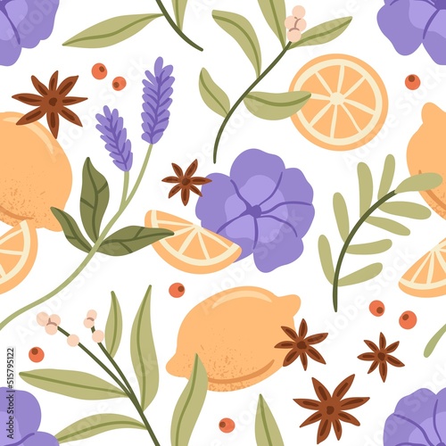 Herbs, fruits, flowers pattern. Seamless background design with herbal, floral plants, lemon, berries, leaves. Repeating print for homeopathy, phytotherapy wrapping. Colored flat vector illustration