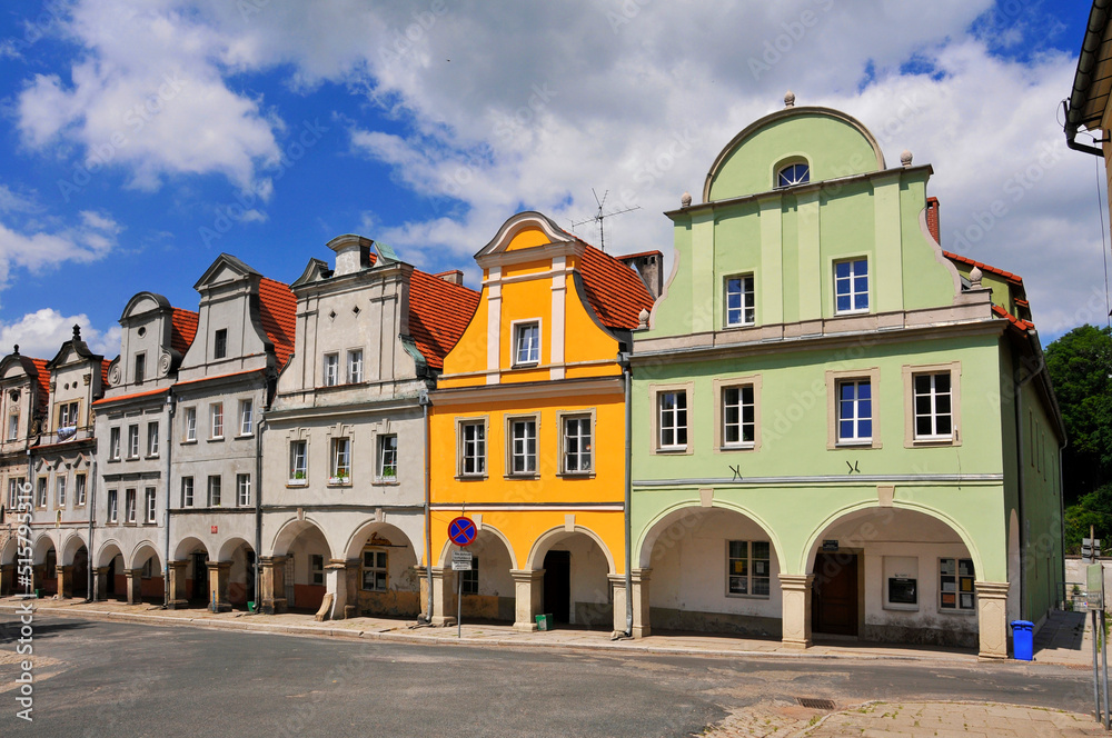 Baroque and classicist tenements at the market square in village Chelmno Slaskie, Lower Silesian voivodeship, Poland.