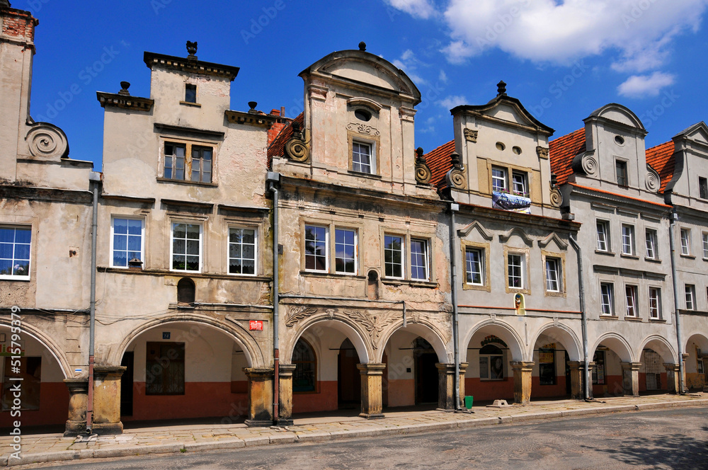 Baroque and classicist tenements at the market square in village Chelmno Slaskie, Lower Silesian voivodeship, Poland.