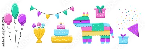 Happy Birthday set with cake and pinata donkey toy