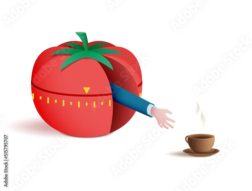 Time management and time control with pomodoro tracker. During rest, the hand reaches for a cup of coffee.