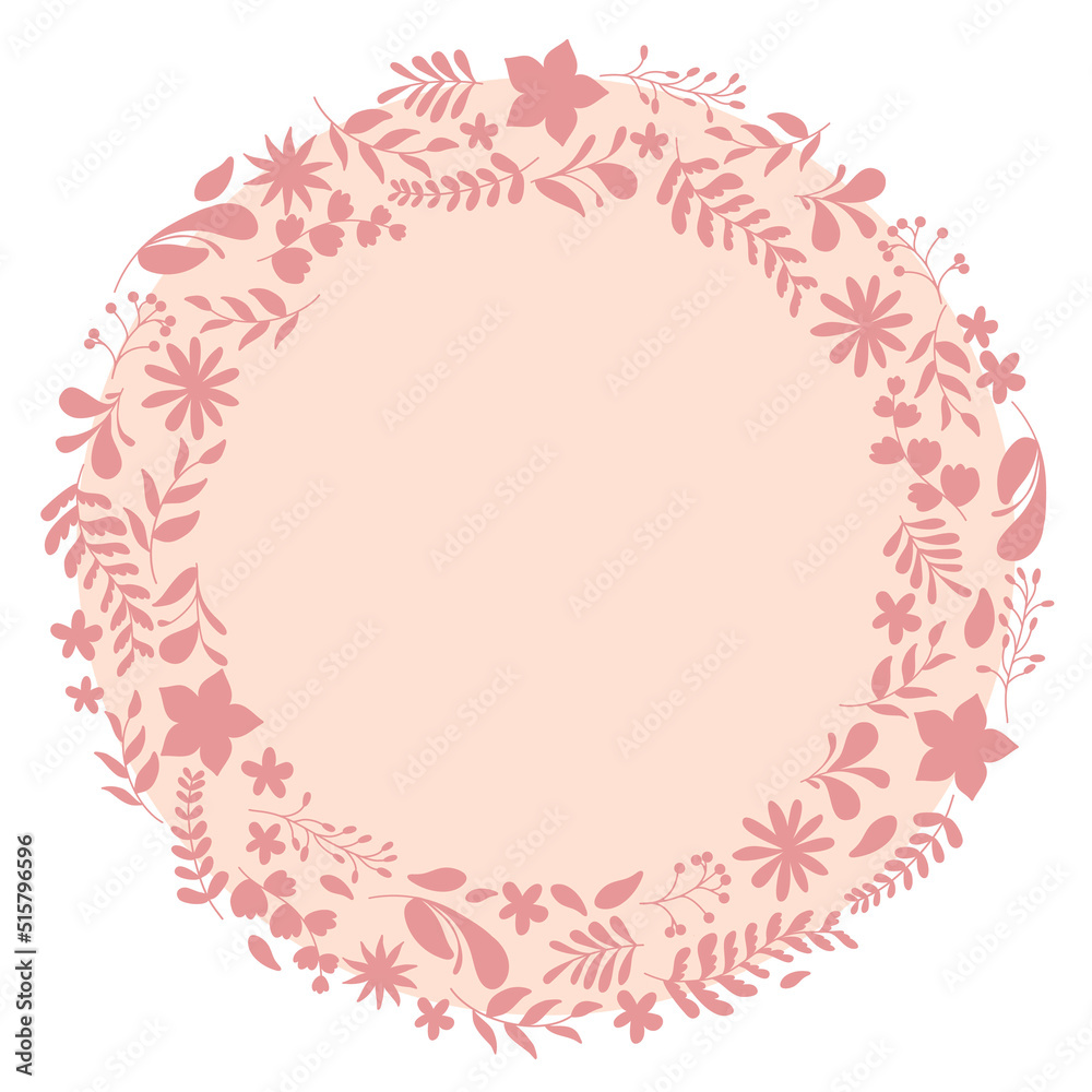 Floral Wreath branch. Floral round white frame of twigs, leaves and flowers. for the Valentine's day, wedding decor, wedding invitation, branding, boutique logo label. round frame of flowers