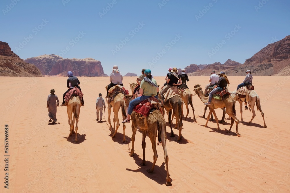 Fototapeta premium Trip on camels on Wadi Rum Desert in Jordan. The amazing Wadi Rum desert with Martian scenery.
