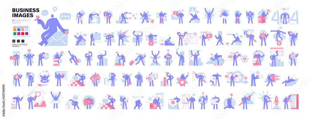 Mega set with business scenes. Business Concept illustrations. Collection of characters taking part in business activities. Vector illustration in modern flat style Mega set with business scenes. Business Concept illustrations. Collection of characters taking part in business activities. Vector illustration in modern flat style