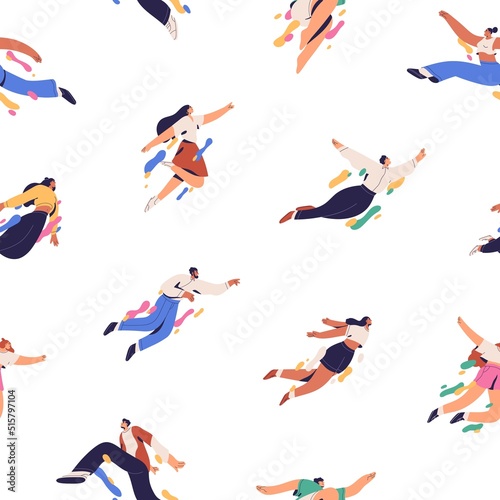 Seamless pattern with happy flying people. Repeating background with free active young men and women. Endless texture with excited enthusiastic youth in flight. Flat graphic vector illustration