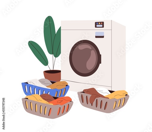 Laundry concept. Washing machine and dirty clothes in baskets. Washer equipment and sorted linen in containers. Washingmachine and garments. Flat vector illustration isolated on white background