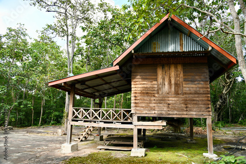 wooden house in the forest. hut on the stone terrace © pangcom