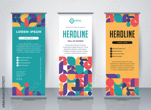 Retro Business Roll Up. Standee Design. Banner Template. Presentation and Brochure. Geometric x-banner and flag-banner advertising. Vector illustration.